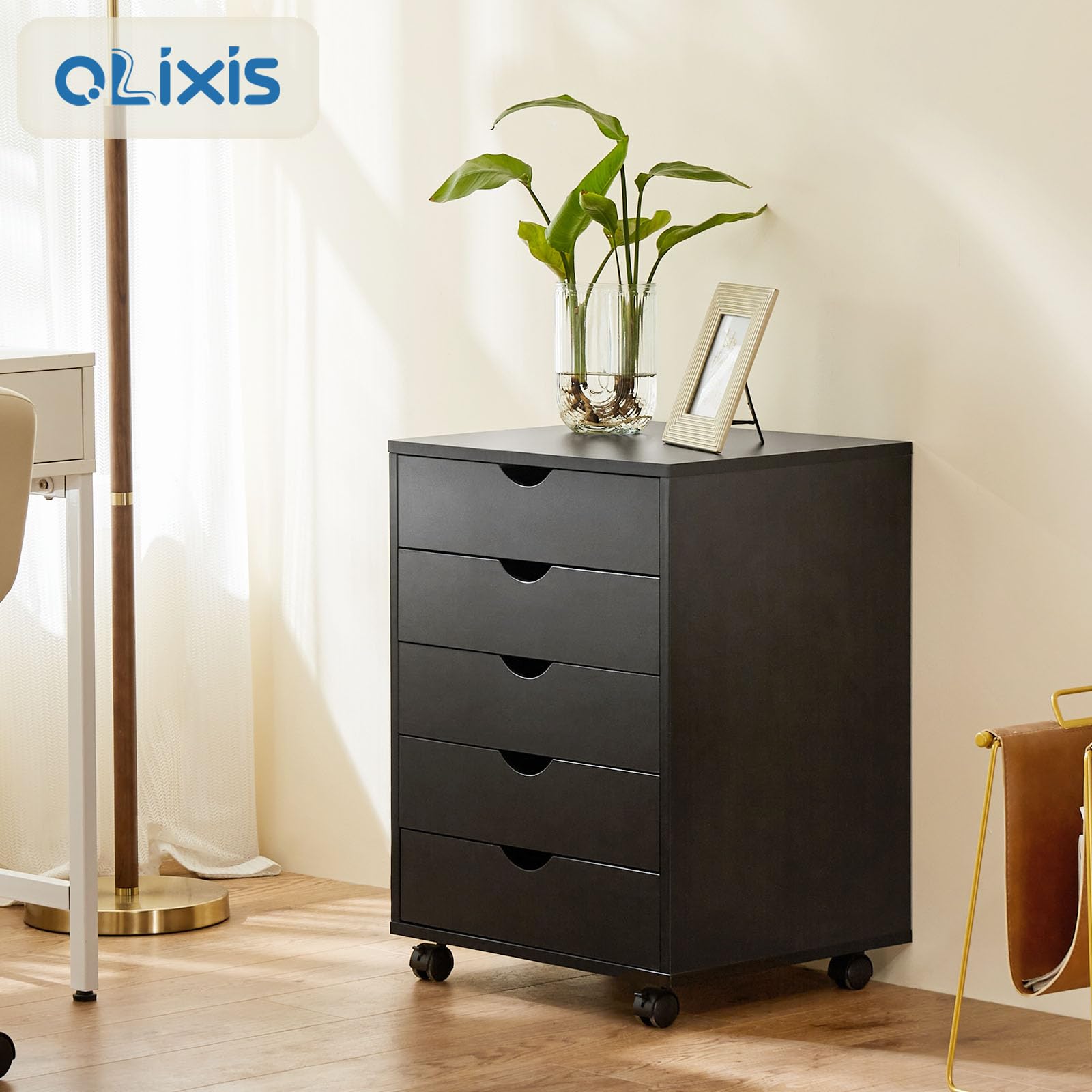 OLIXIS 5 Drawers, Wood File Cabinet Home Office Portable Mobile Storage, Black