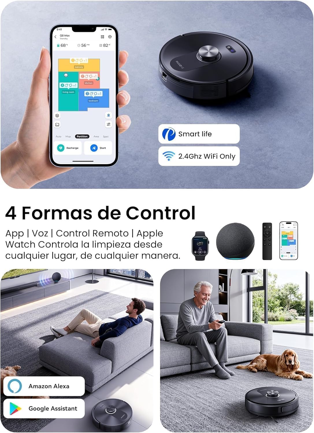 Proscenic Robot Aspirador 8000 Pa/200Min Autonomía con Fregado, Navegación LIDAR, Adaptación Alfombras, por App/Voz/Control Remoto/Apple Watch para Suelos, Alfombras y pelos de Mascotas