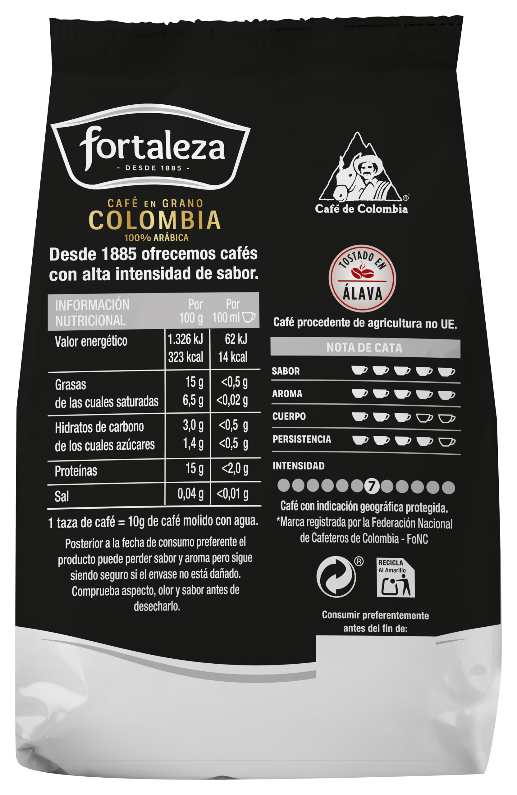 CAFÉ FORTALEZA Café en Grano Colombia 500g x 6 - Total 3KG - Uno de los Orígenes más populares, de variedad 100% Arábica. Café de exquisita suavidad y aroma incomparable.