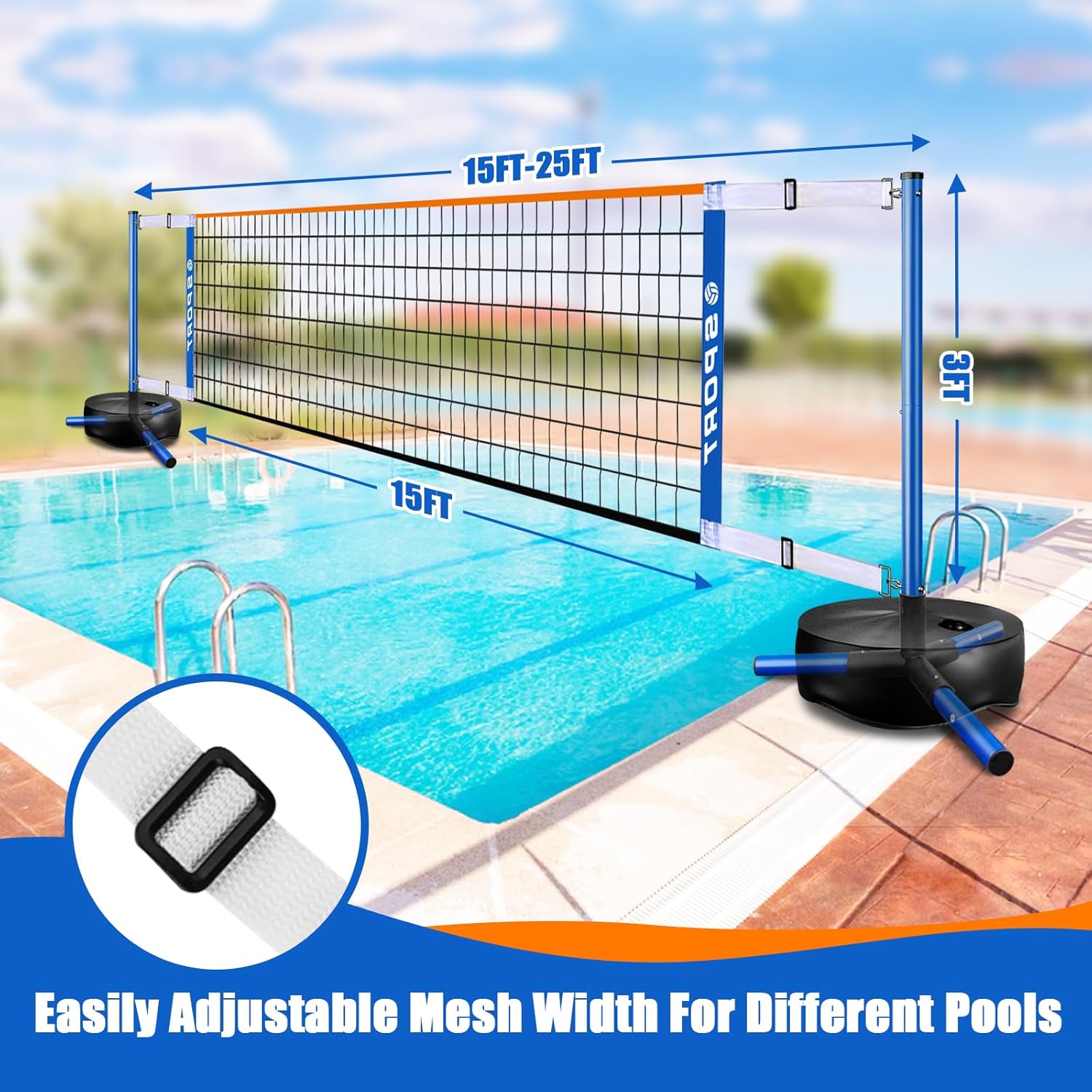 Pool Volleyball Net - Portable Indoor/Outdoor Swimming Pool Volleyball Net System with 2 Water Volleyballs and Heavy Duty Base.Adjustable Length 15-25FT for Pickleball and Tennis Net