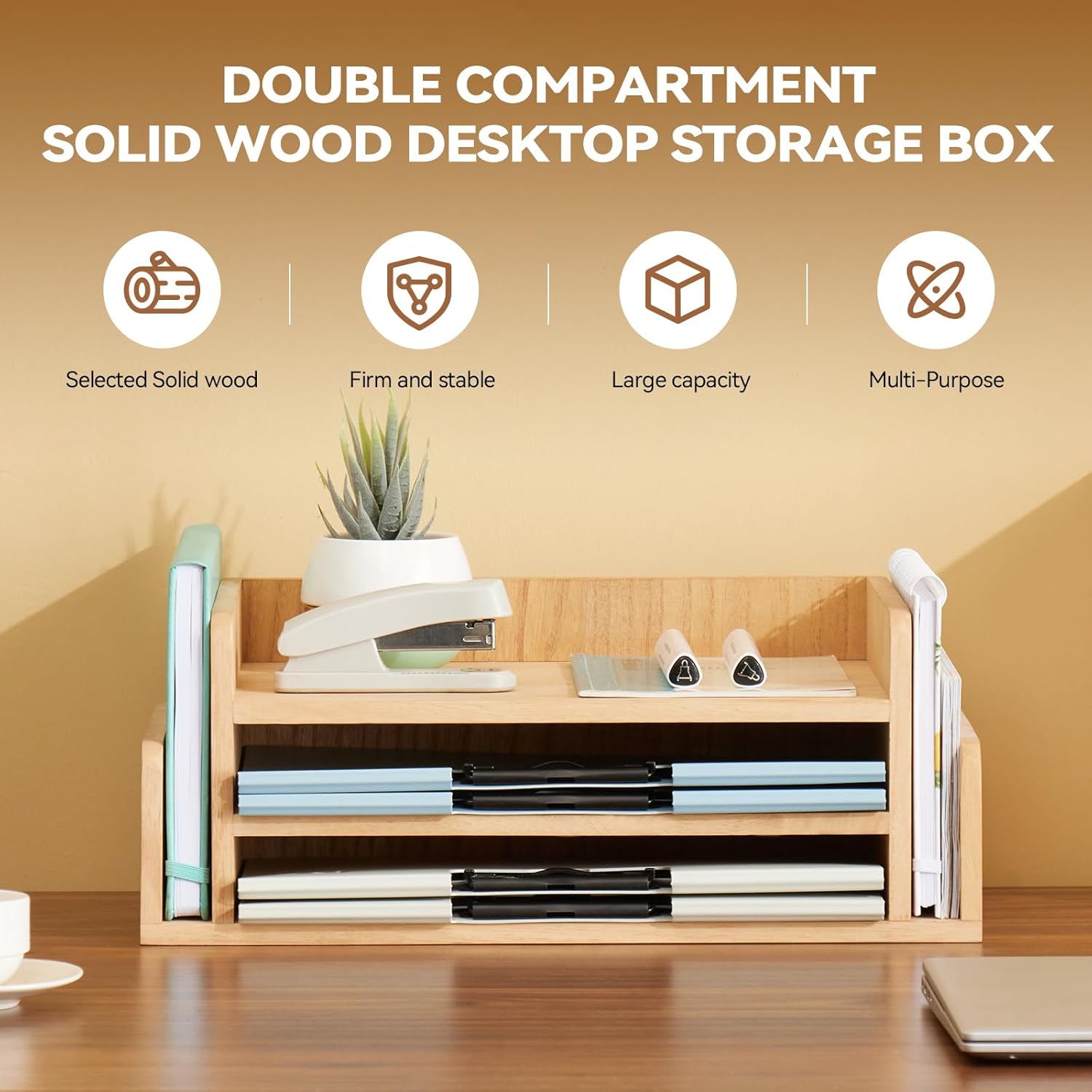 KIRIGEN Wood 3-Tier Office Desktop Document Tray - Mail Sorter Organizer Rack - Wooden Document Letter Stand for Folders, Mail, Stationary, Desk Accessories Natural(2TP-NA)