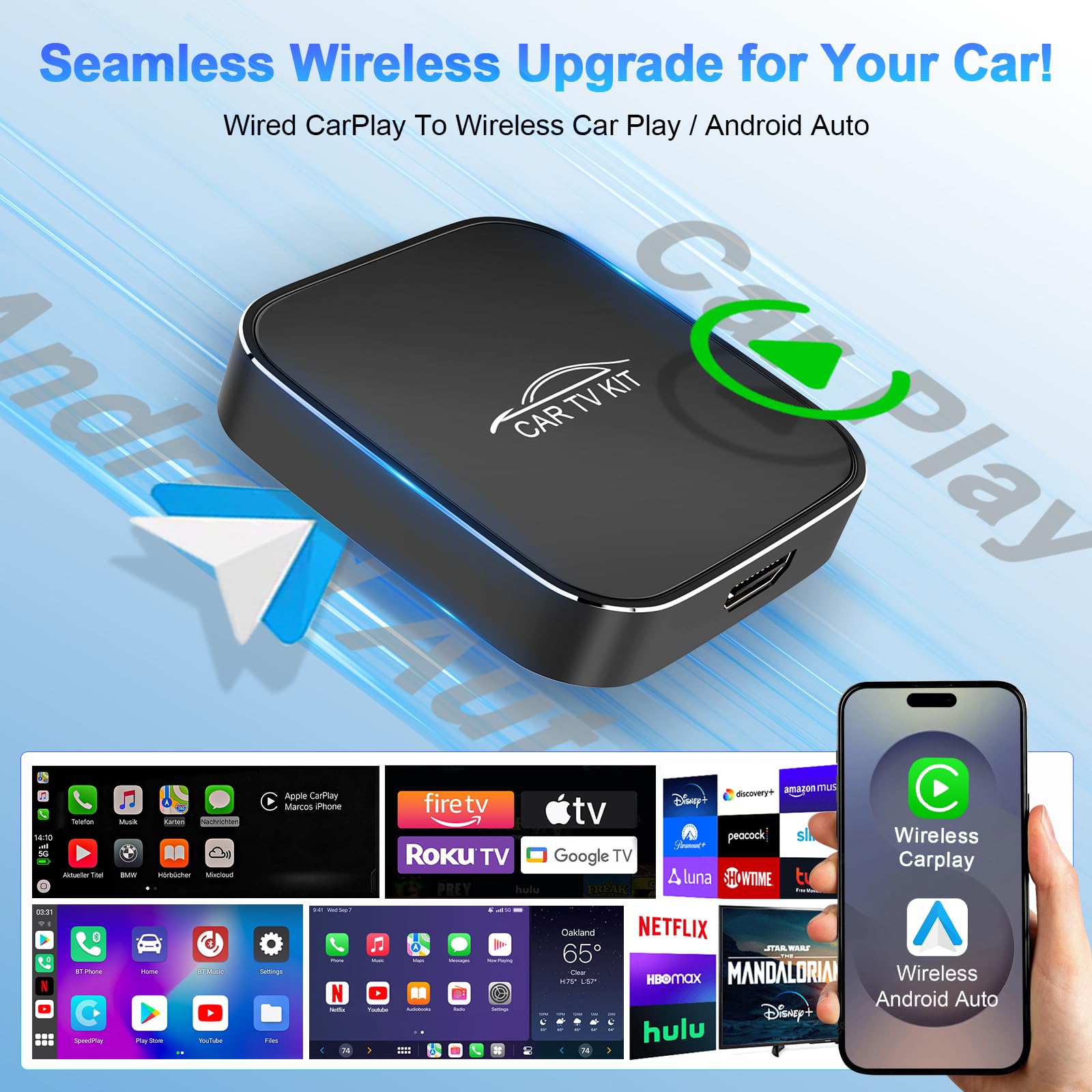 3 en 1 Car TV Mate Pro –Adaptador inalámbrico CarPlay y Android Auto y multimedia HDMI para TV Stick, consolas de juegos y duplicación de pantalla, Adaptador HDMI Car T V,para con vehículos desde 2016