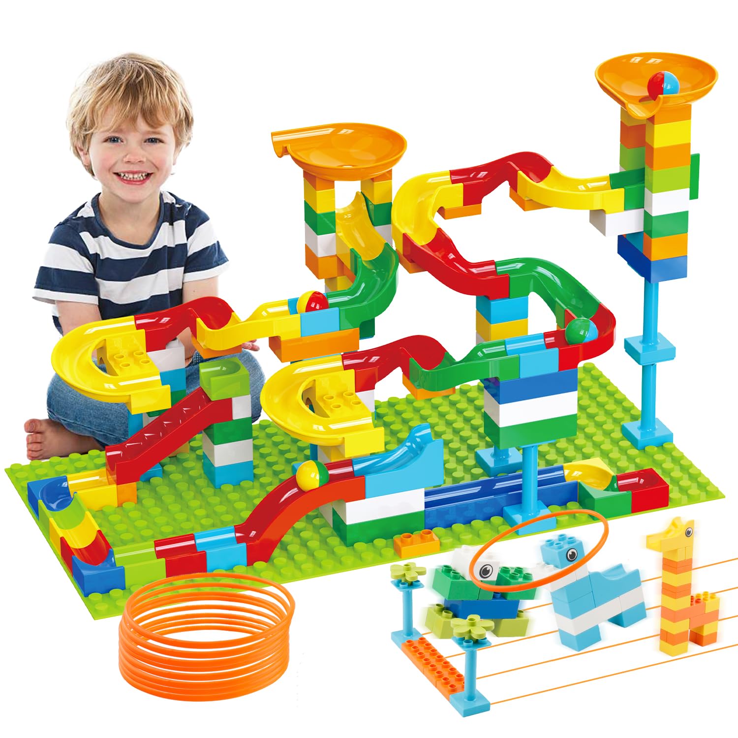 Marble Run Building Blocks for Kids Age 3-8 128 Pcs STEM Building Bricks Set with Toss Ring Game