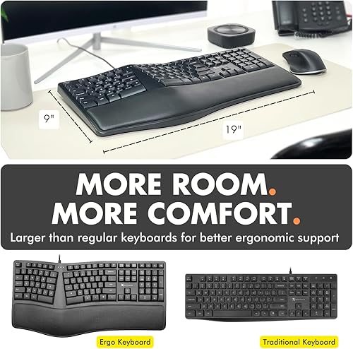 Miniatura 7 de Teclado ergonómico X9 con cable con reposamuñecas acolchado, escribe de forma natural y cómoda durante más tiempo - Teclado USB con cable para