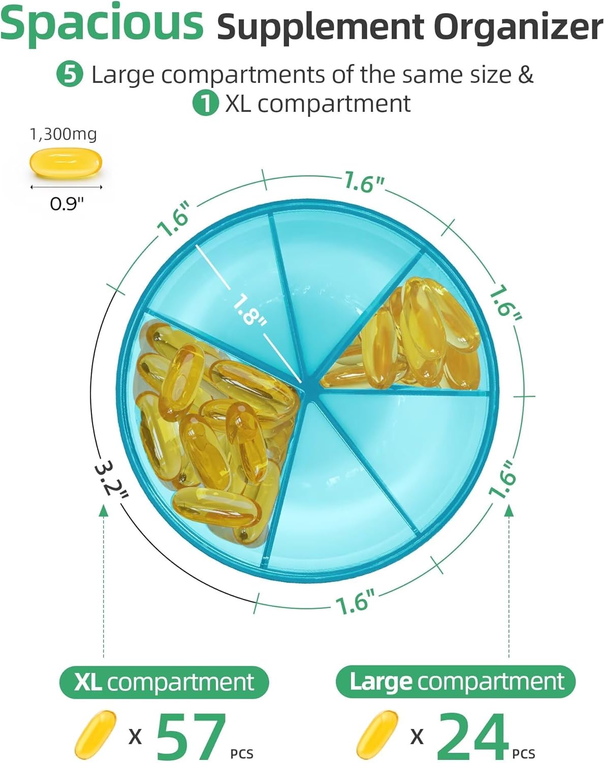 PULIV Large Pill Bottle Organizer, Supplement Organizer for Holding 6 Various Vitamins, Pill Box Case with Anti-Mixing & Wide Opening Design, Easy to Retrieve Meds and 20 Pcs Stick-on Labels, Blue