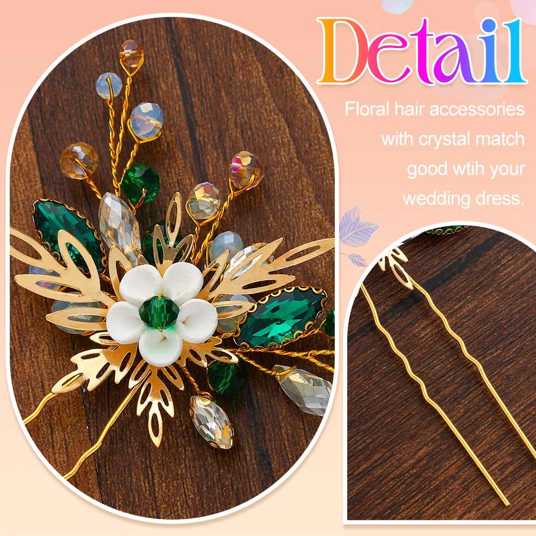 Heread Flower Bride Wedding Hair Pins Gold Leaf Bridal Hair Pieces Green Crystal Hair Accessories for Women and Girls - Image 4