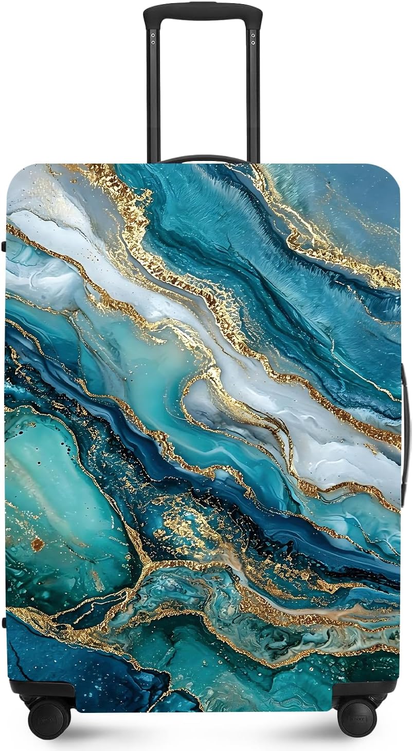 FOREVER QUEEN Blue Gold Marble Luggage Cover for 28-30 Inch Checked Suitcase, Stretch Fabric Suitcase Protector, Anti-Scratch Dustproof Washable Travel Sleeve