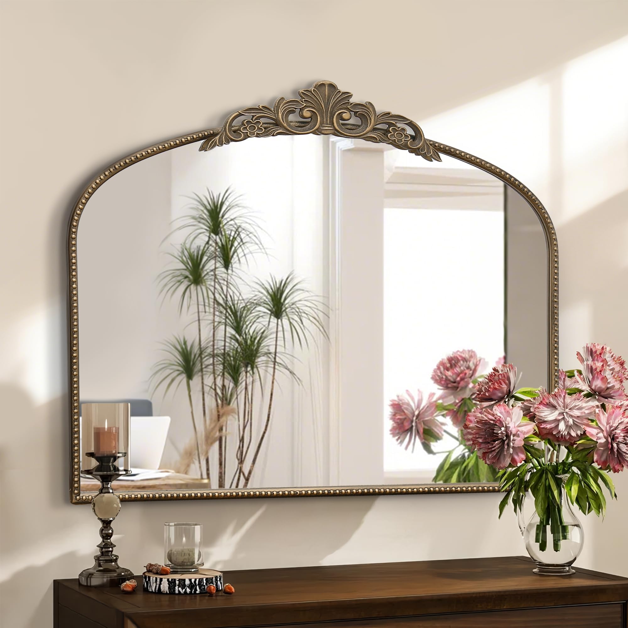 MicassoLarge Antique Gold Mirror: 29"x 36" French Baroque Arched Mirror - Traditional Ornate Vintage Mirrors for Wall/Mantel/Entryway/Bathroom/Hallway - Home Decor for Living Room