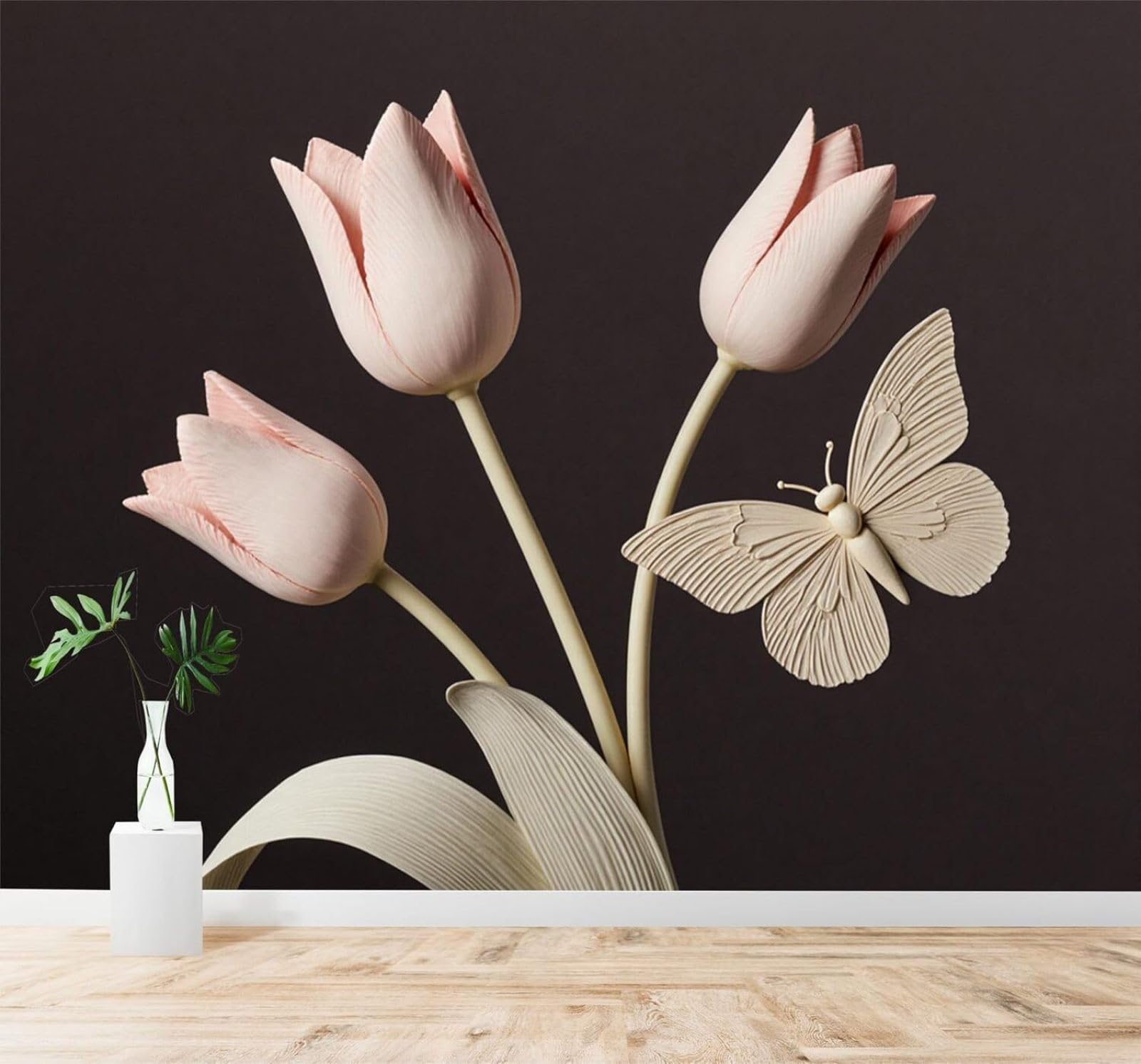 XLMING Elegance Pink Tulips Butterflies Minimalist Floral 3D Wallpaper Silky Texture Home Study Office Grey Dining Room Sofa Bedroom Living Room TV Backdrop-150cm×105cm