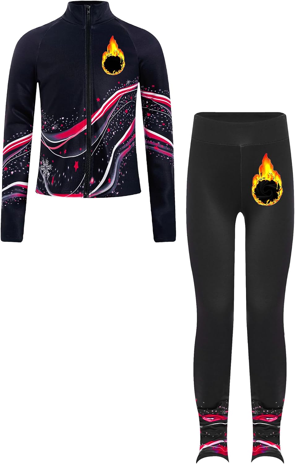 Yhong Kids Girls Stylish Printed Figure Skating Outfits Long Sleeve Fleece Jacket And Gymnastics Leggings Set