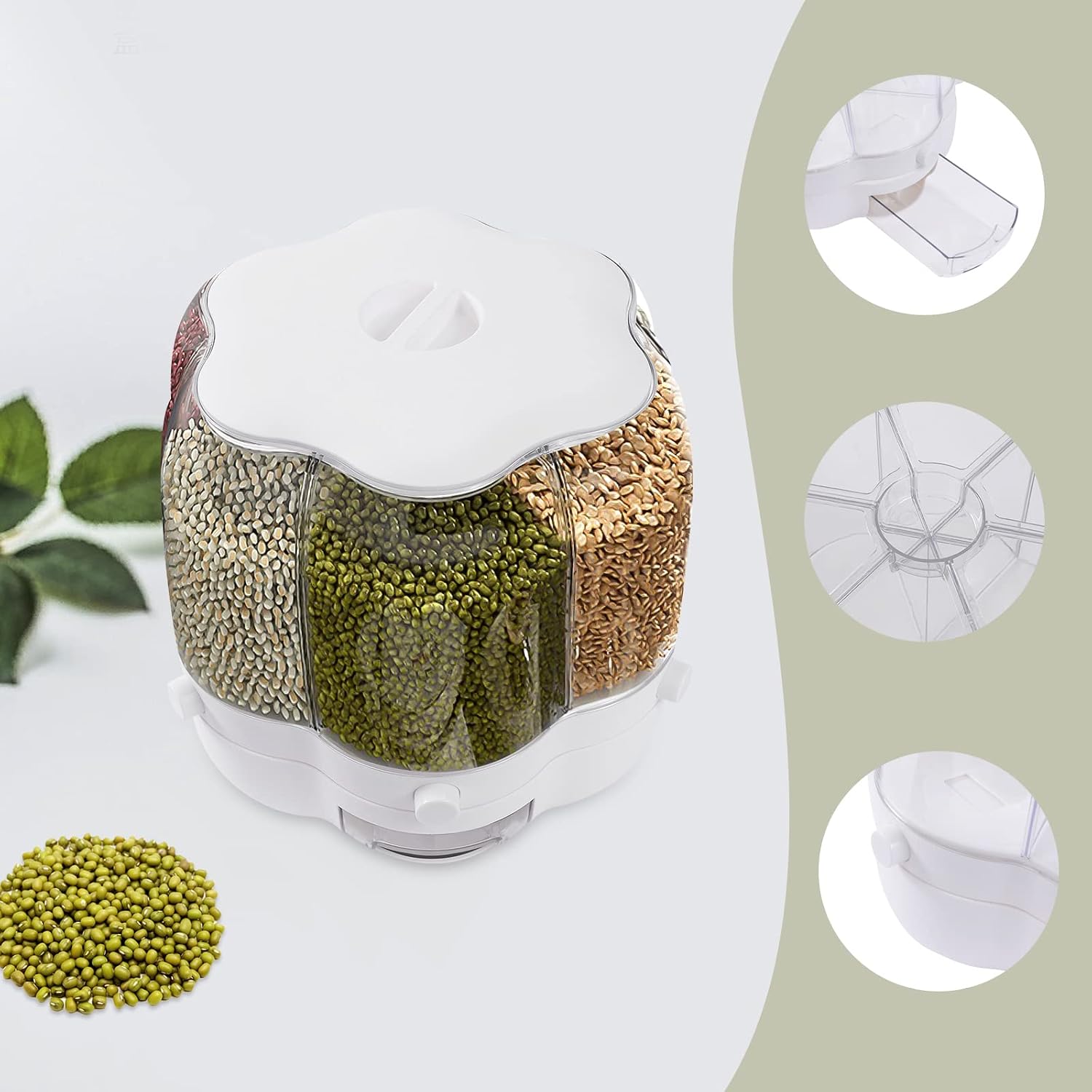 Rotating Dry Storage 6 Grid Cereal Storage Container Dispenser, Grain Storage Container Dispenser, Round 360 Food Rotating Dispenser for Store Rice, Red Beans, Yellow Beans