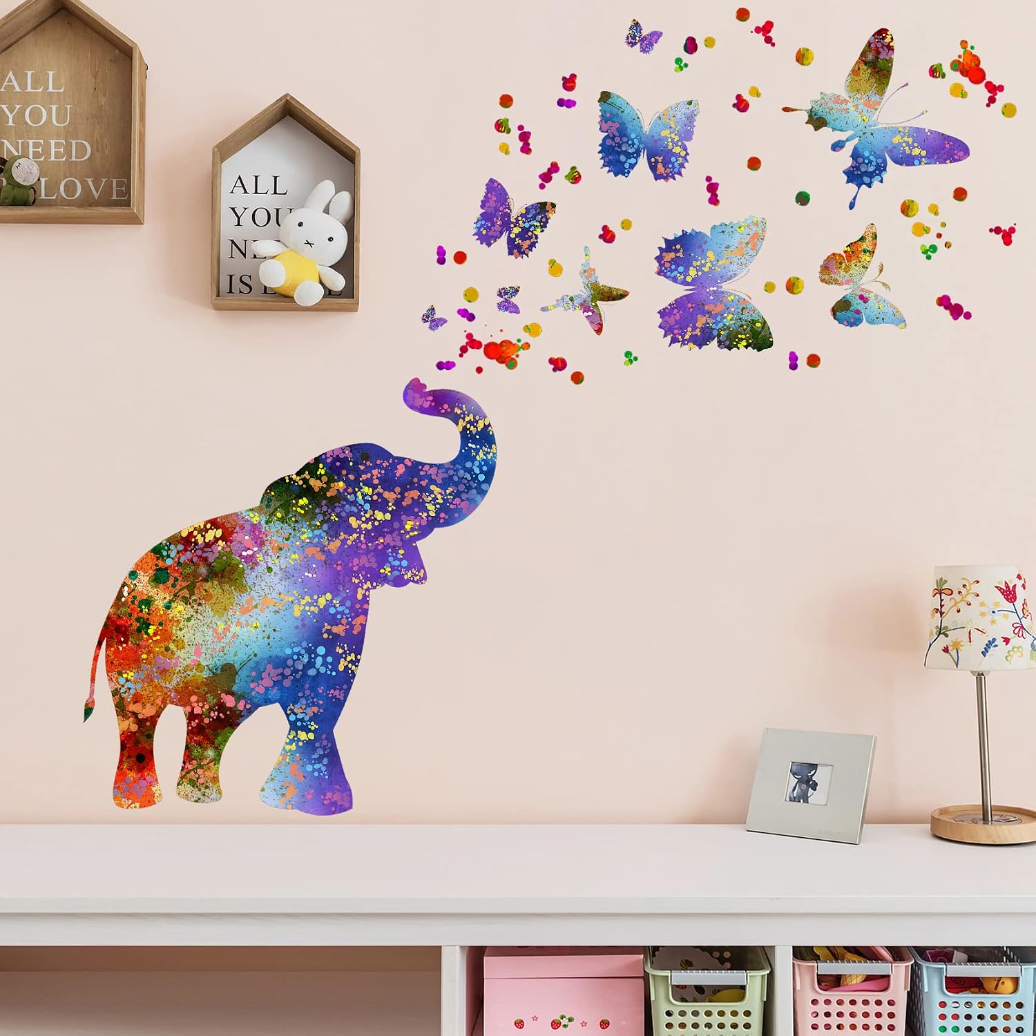 Creative Colorful Elephant Wall Decals Watercolor Butterfly Dots Wall Stickers DIY Removable Painting Ink Elephant Butterflies Wall Decor for Kids Girls Bedroom Living Room Nursery Decoration DT-093 image 5