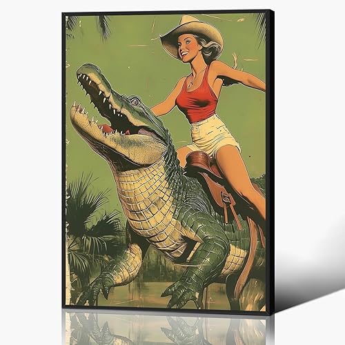 Miniatura 8 de ogyormpi Lienzo decorativo de cocodrilo de equitación de vaquera, póster retro de vaquera costera occidental, impresión artística de cocodrilo de