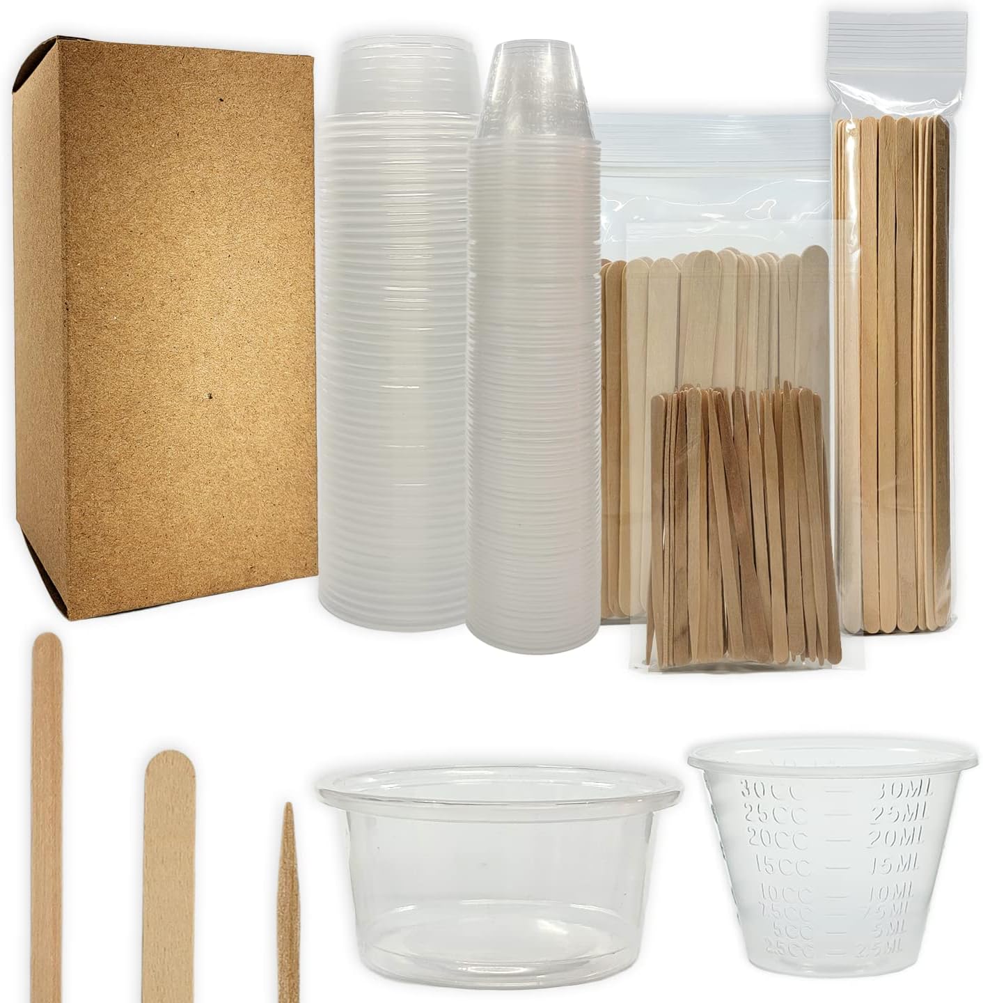 NSI Epoxy Resin Mixing Kit: 150 Plastic Cups and 150 Wood Sticks; 300 Piece Assortment of Disposable 1 oz and 1.5 oz Plastic Mixing Cups and Assorted Mixing Sticks.