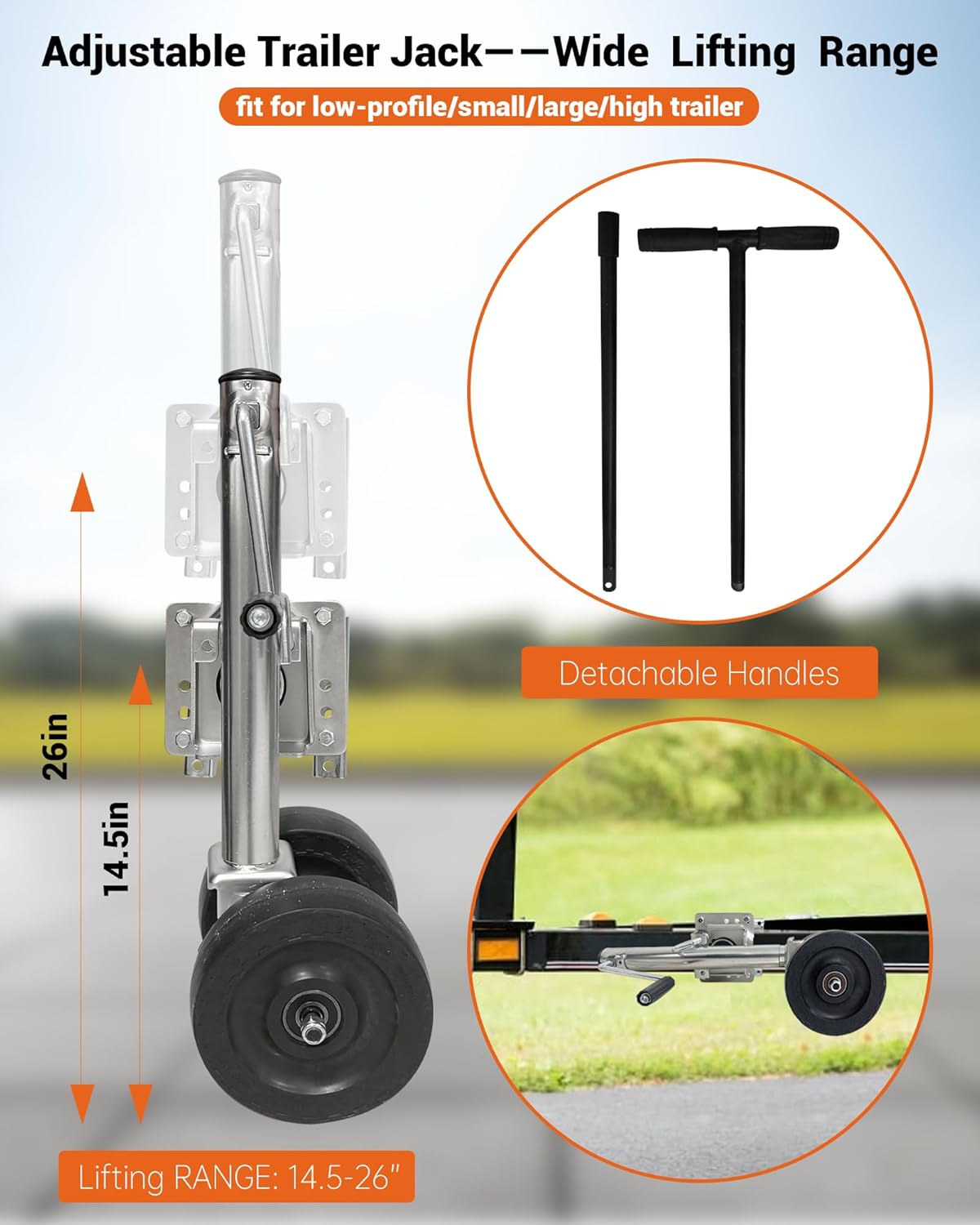 Boat Trailer Jack with Dual-Function Dolly, Two Wheel Swivel Folding Trailer Jack, Dual 8-Inch Wheels, Detachable Handle, 1,000 lbs Tongue Weight, for Garage, Driveway, Boat & Utility Trailers