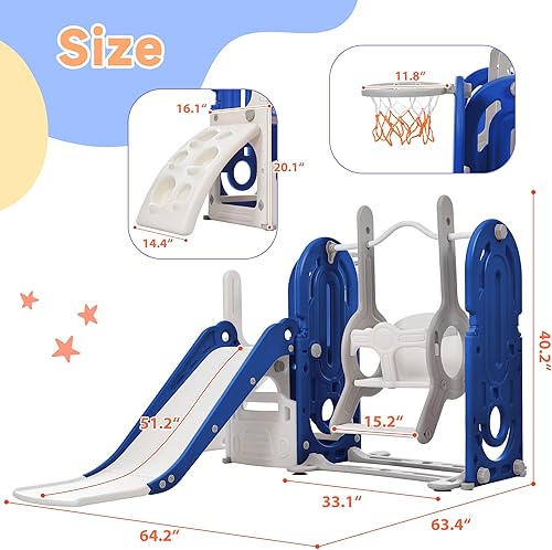 Miniatura 7 de Virubi Juego de tobogán 5 en 1 con columpio, juego de tobogán independiente para bebé con escalador, aro de baloncesto y espacio de almacenamiento,
