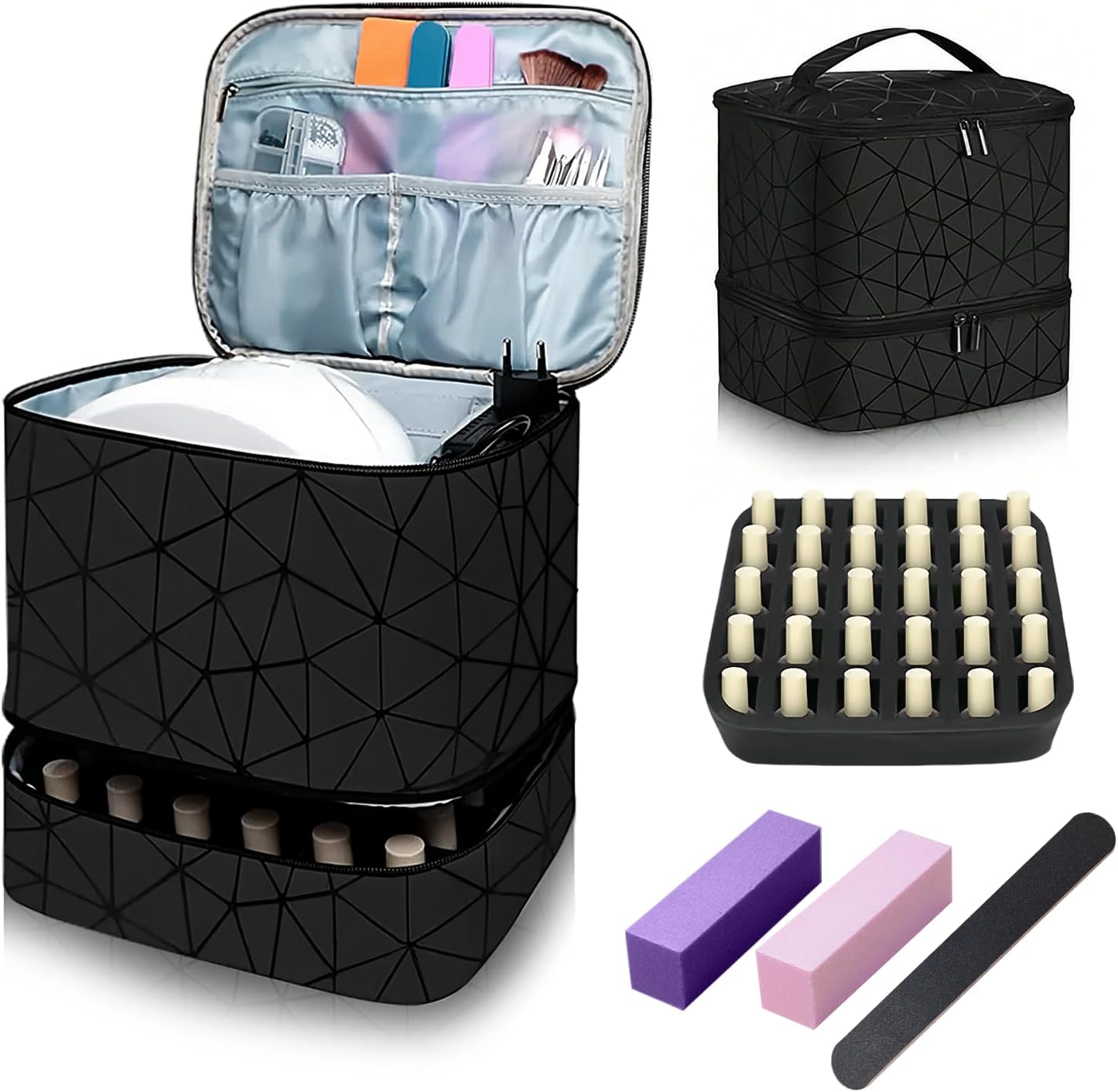 Esoes Nail Polish Organizer Case Double-Layer Nail Bag Storage PU Leather Waterproof Nail Organizer Holds 30 Bottles(15ml) and 1 Nail Lamp Large Travel Nail Supplies Shoulder Bag