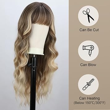 BOGSEA Ombre Blonde Wig with Bangs for Women 26 Inch Synthetic Wigs | Long Wavy Wig,Natural Looking,Heat Resistant Fiber,Tangle-free,Shed-free,Daily and Party