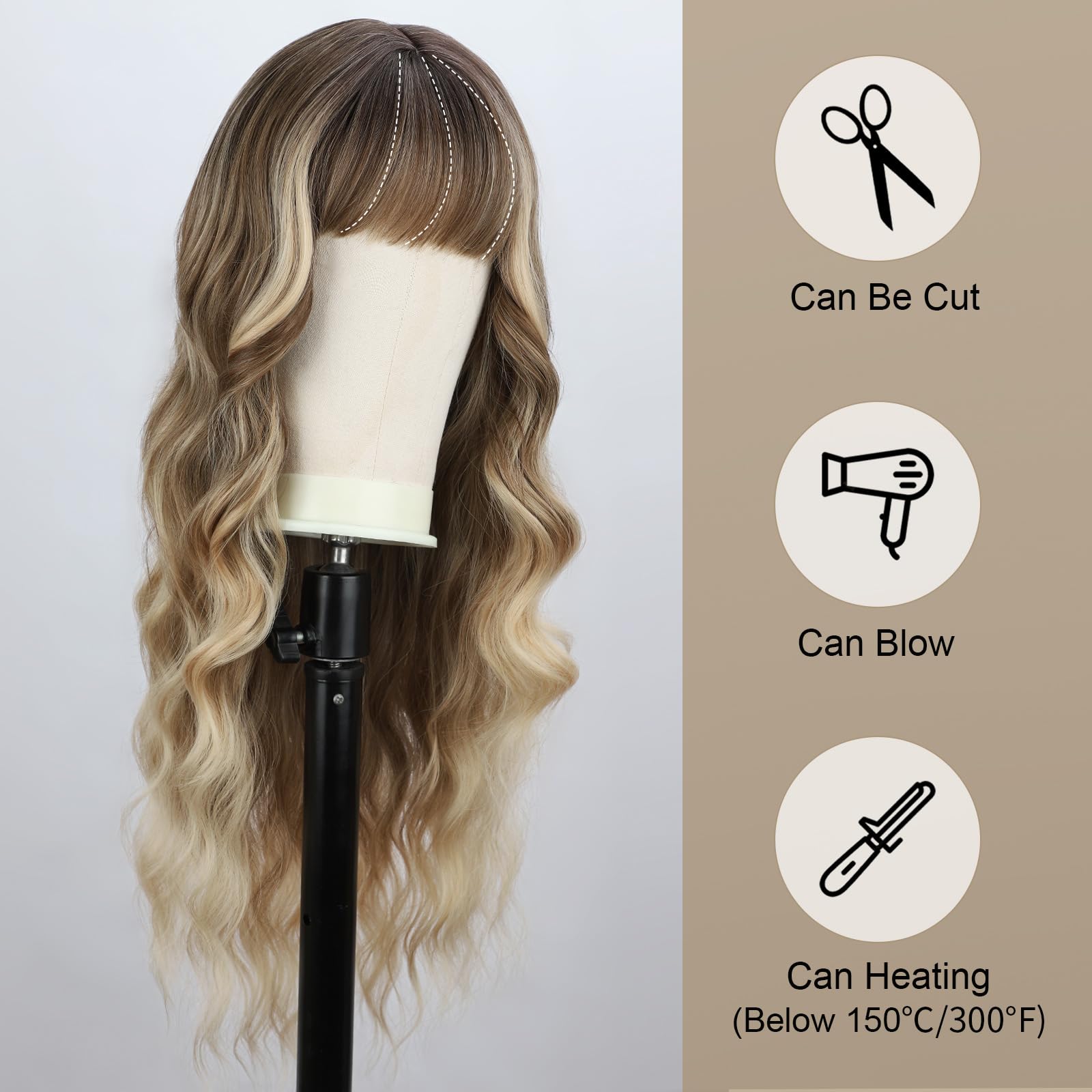 Peluca rubia ombré con flequillo, peluca larga rubia para mujer, 26 pulgadas, pelucas de fibra sintética resistente al calor para fiestas diarias 4