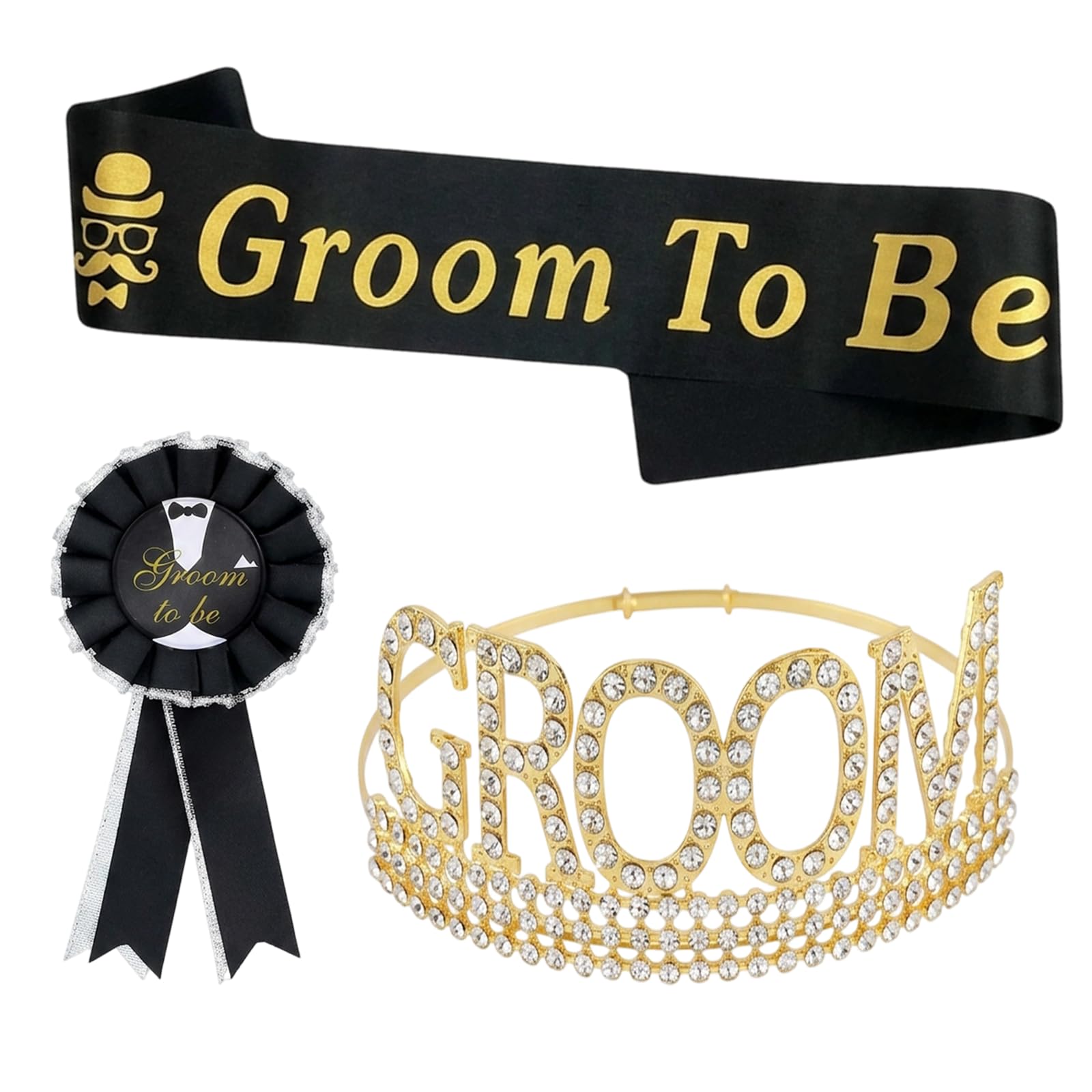 Stag Do Accessories Men, 3 Piece Set Stag Do Accessories, Groom To Be, For Bachelor Celebrations,With Crown Sash And Badge For Party Coordination