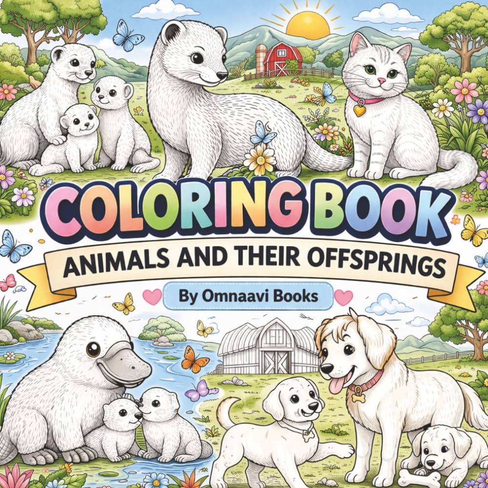Coloring Book | Animals and their offsprings: Color, Learn and Love | 8.5x8.5 inches | 50 coloring images | For all ages