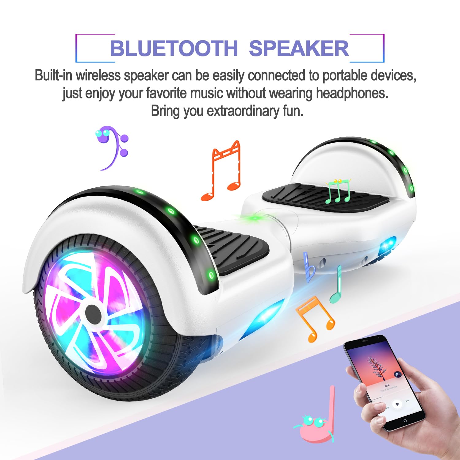 Hoverboard, 6,5“ Zwei-Rad-Selbst-Balancing Hover Board mit Bluetooth-Lautsprecher und Mode LED-Leuchten für Kinder（weiß）