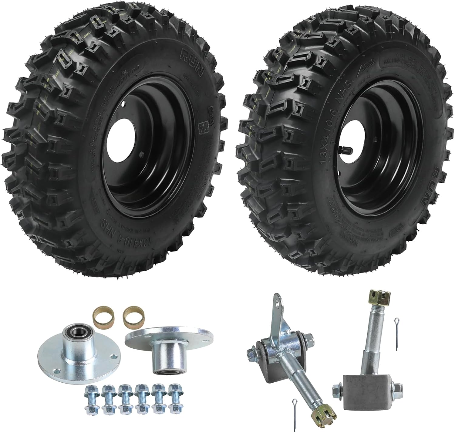 13x4.10-6 Go Kart ATV Tire & Wheel Assembly – 6" Rim with 3-Stud Hub, 4PR Tubeless, with Front Wheel Hubs & Steering Spindles – Fits ATV Go Cart Drift Trike Golf Cart Quad Buggy UTV Taotao Coolster