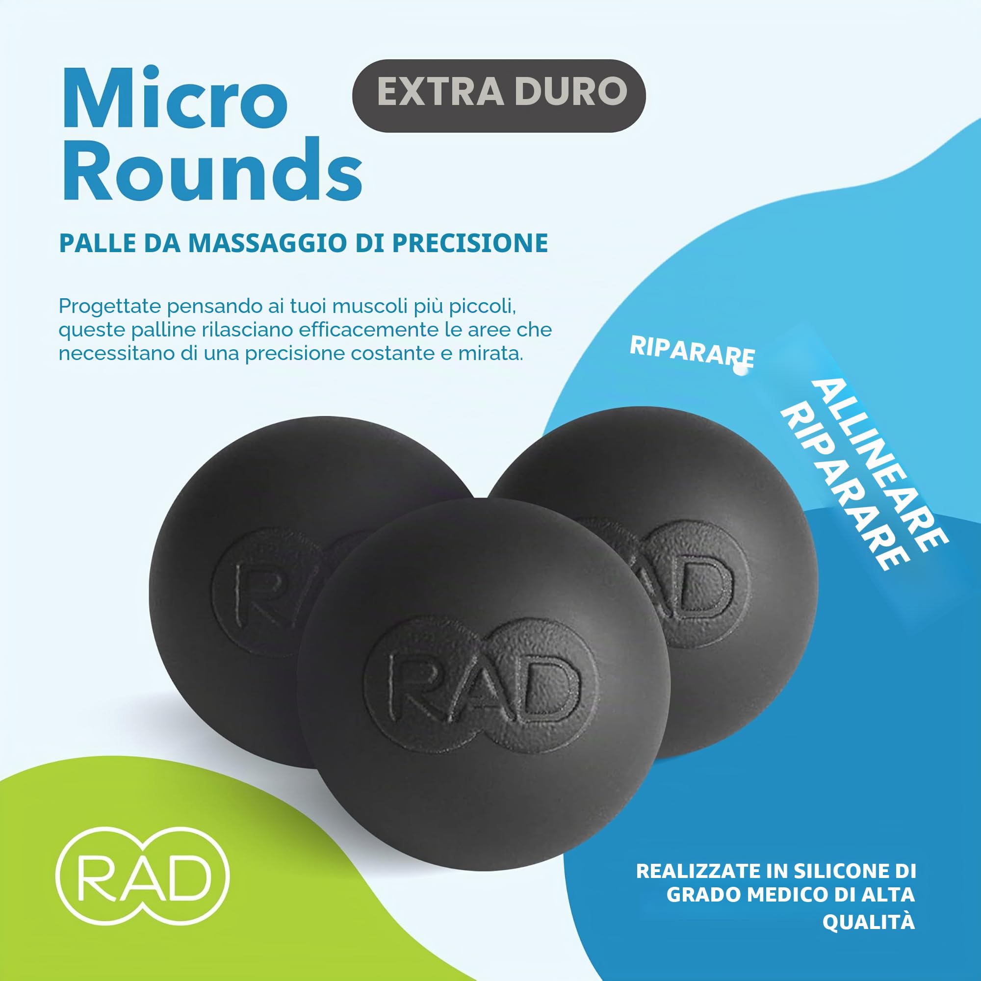 RAD Micro Rounds - Set di 3 palline per massaggio dei tessuti profondi da yoga (palline da 1,9 cm, rilascio miofasciale mirato per piedi, fascite plantare, mascella e mani, terapia