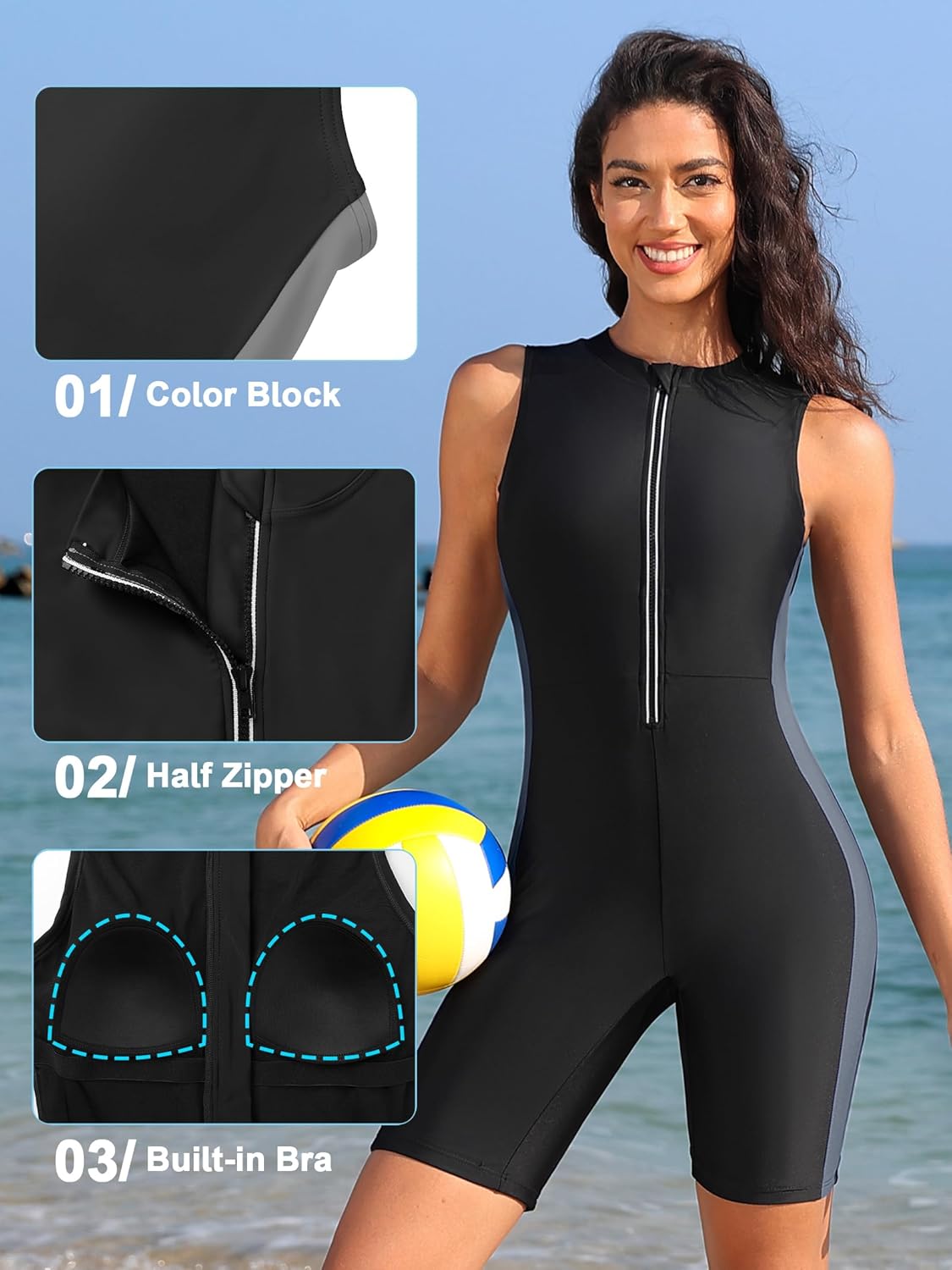 ATTRACO Boyleg One Piece Swimsuits for Women Athletic Bathing Suits Color Block Zip Up Swimwear - Image 4
