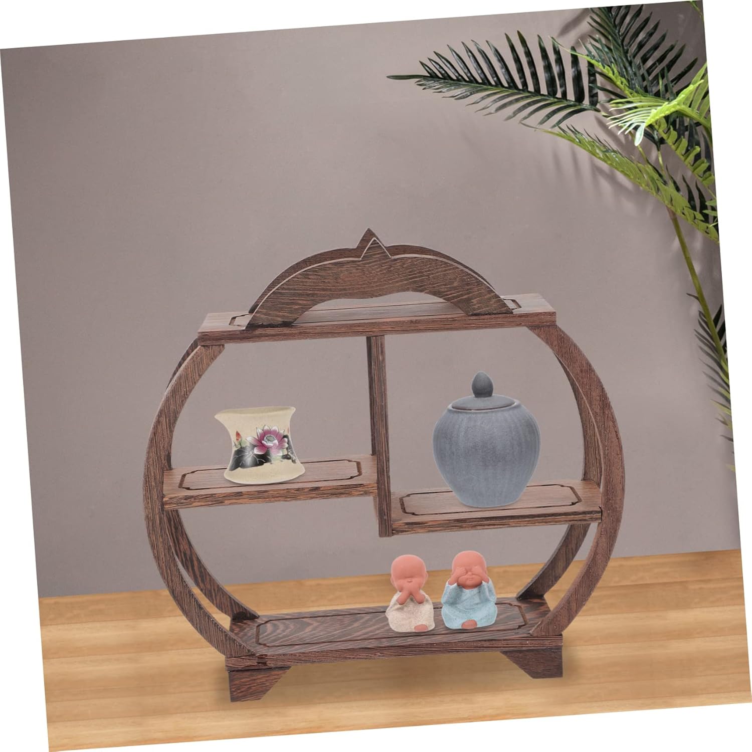 Antique Display Shelf Wooden Curio Rack Multi-Tier Design for Home Decor Tea Pot Storage and Craft Showcase for Living Room and Office Display