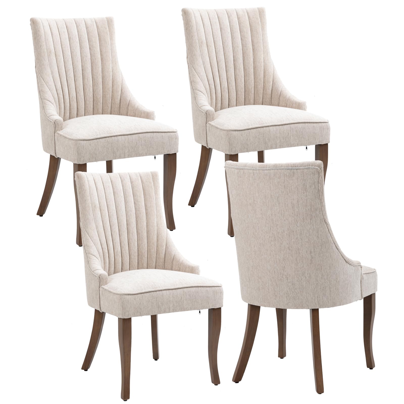mikibama Linen Dining Chairs Set of 4 Channel Tufted Kitchen Dinner Chair Comfy Fabric Upholstered Accent Chair for Dining Room with Solid Wood Legs (