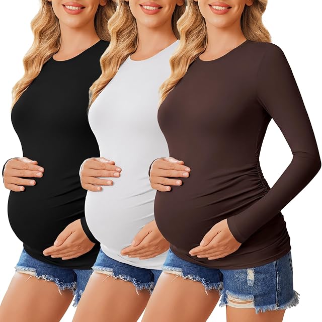 Ekouaer Womens Maternity Crew Neck Long Sleeve Tee 3 Pack