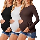 Ekouaer 3 Packs Maternity Shirts Crew Neck Long Sleeve Pregnancy Tee Tops Tunic Blouse Casual Mama Clothes