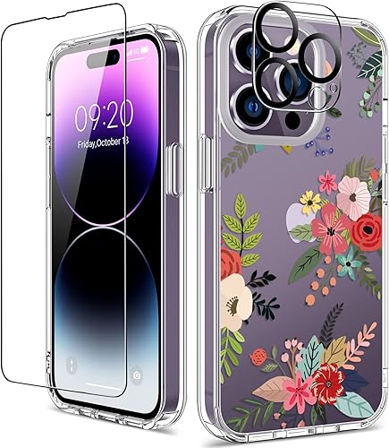 Miniatura 32 de GiiKa Funda rígida para iPhone 14 con protector de pantalla, 6.1 pulgadas, transparente, a prueba de golpes, diseño floral rosa, para niñas y Small