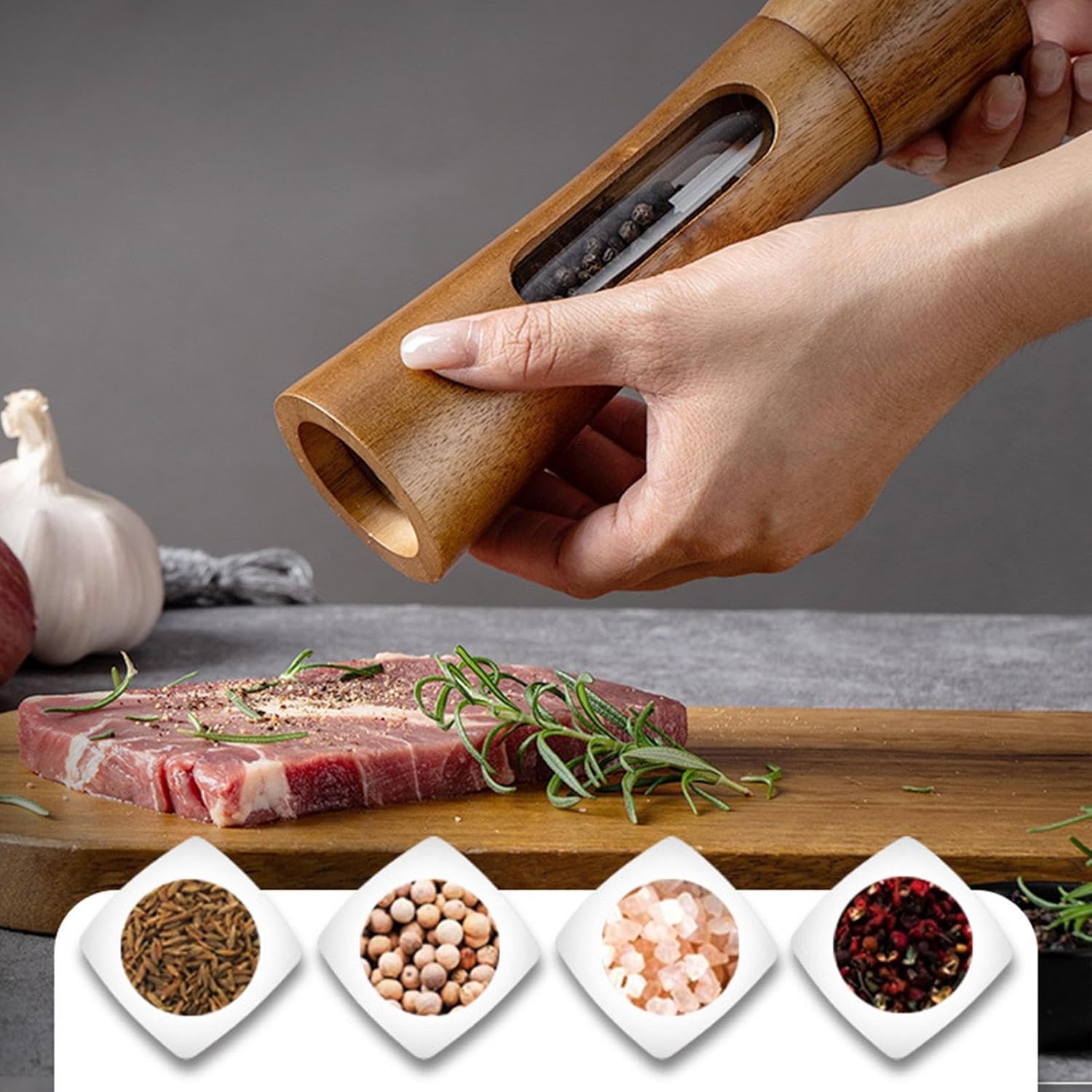 Pepper Grinder Manual, Wooden Salt & Pepper Mill with Ceramic Rotor & Spoon, Grinding Tool for Kitchen Seasoning Ideal for Home Restaurant Camping Picnic and Cooking During Meals and Gatherings