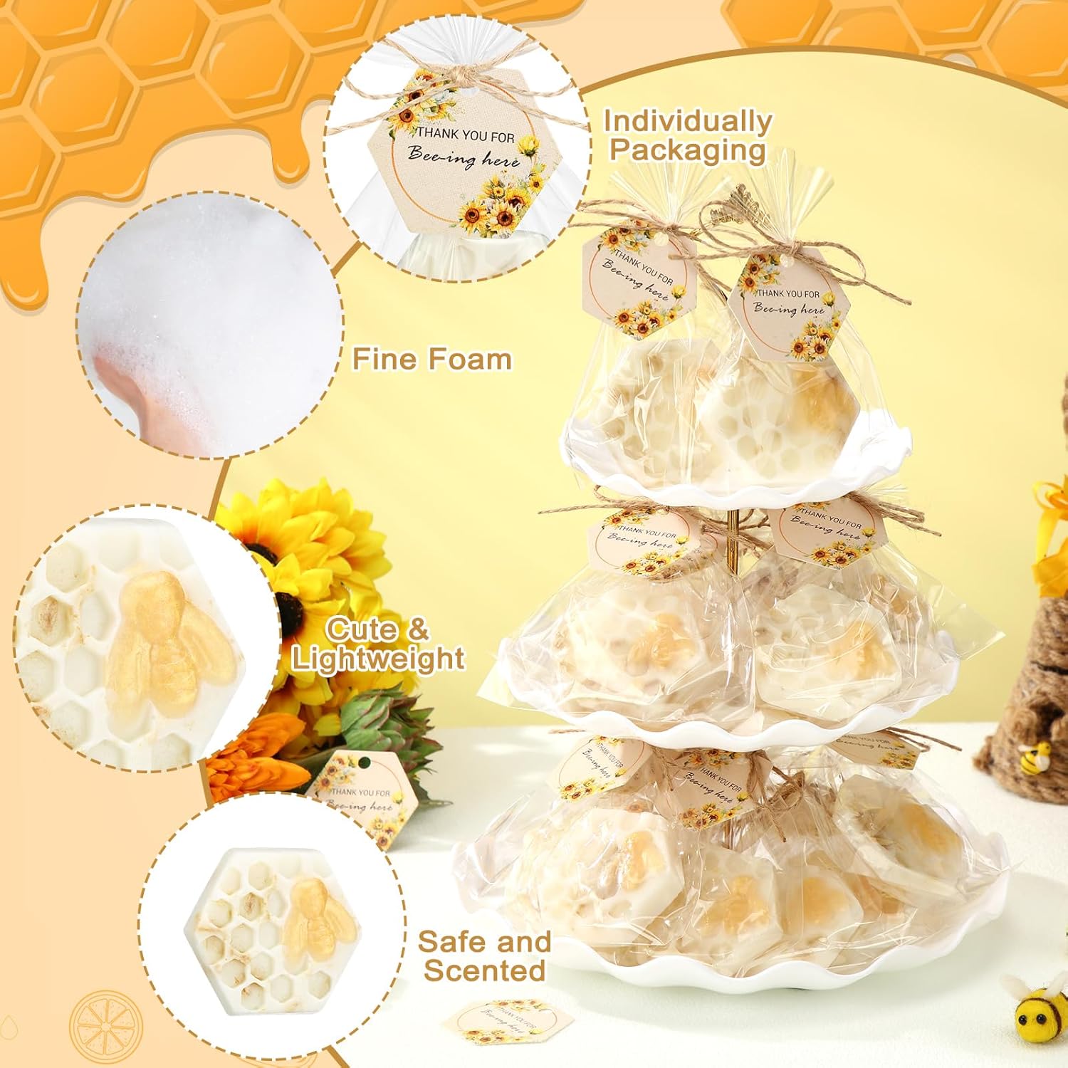 Leelosp 24 Set Honey Oatmeal Soap Bulk Honeycomb Bee Themed Baby Shower Favors Honeycomb Party Favors Gift with Thank You Card Gift Bag for Guest Gender Reveal Party Decor Game Prize