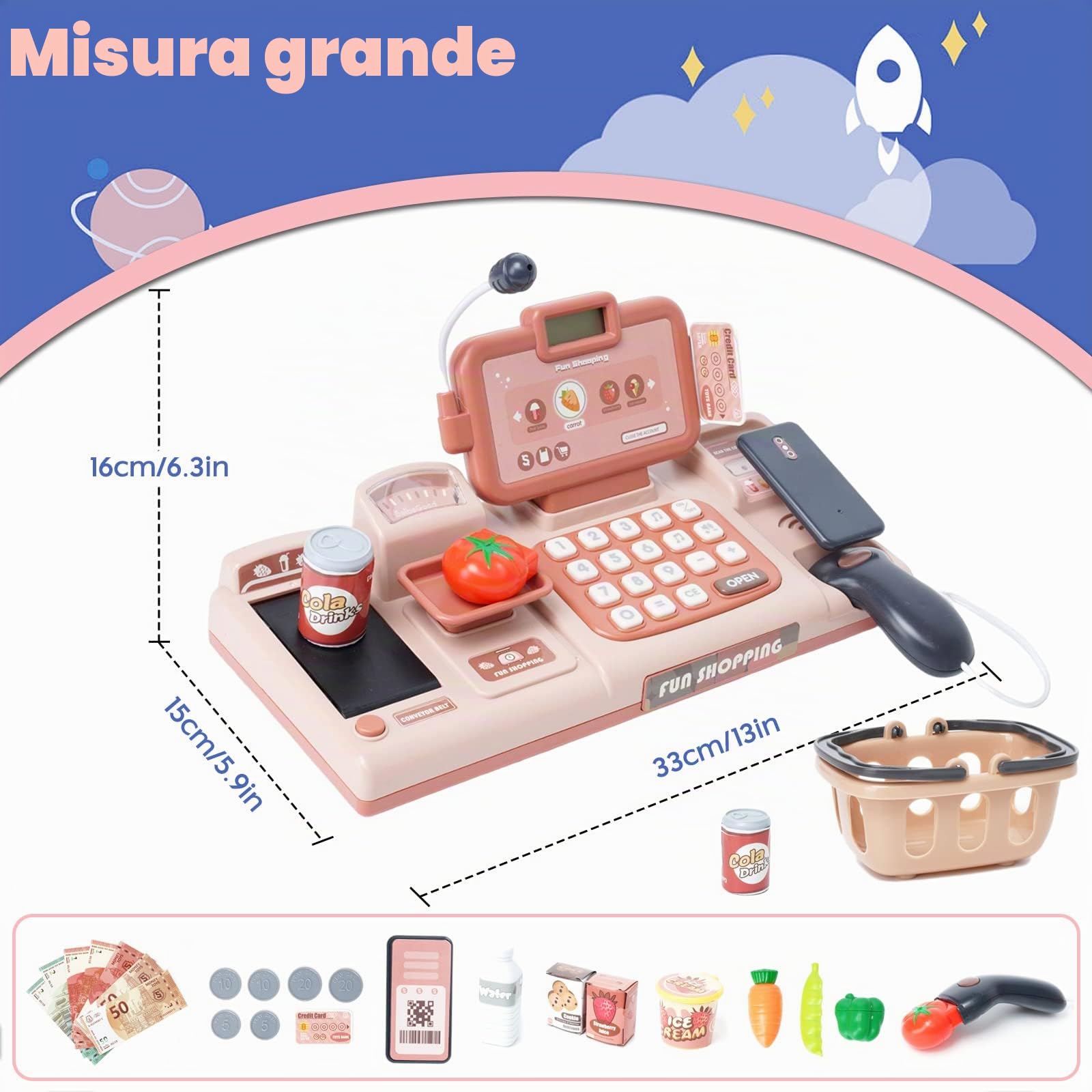Registratore di Cassa Elettronico Supermercato Giocattolo con Suono, Cibo, Cestino Della Spesa Bambina 3 Anni, Supermercato Giocattolo per Bambini con Scanner Microfono