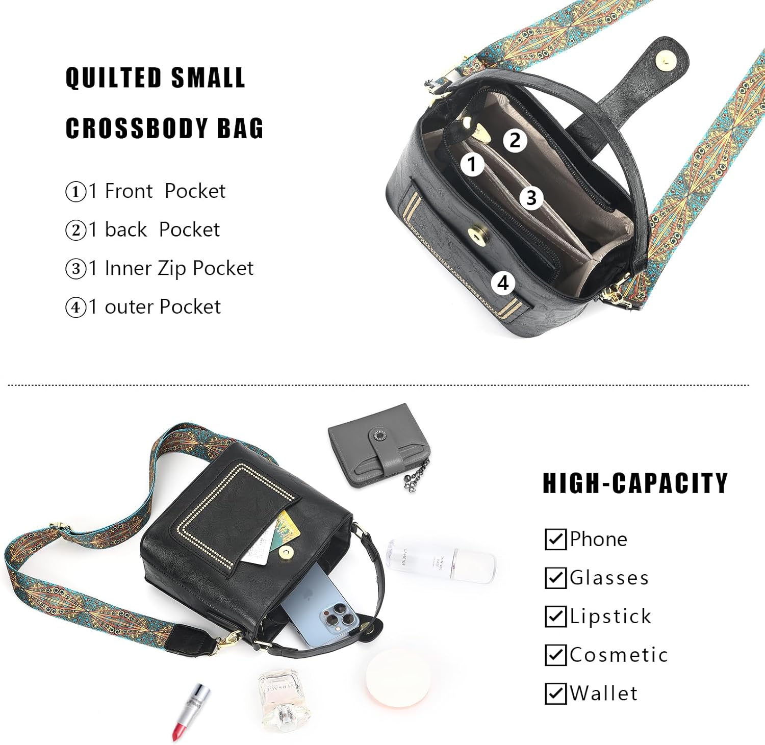 Women's Small PU Leather Crossbody Bags,Travel Purses Shoulder Handbags with Front Pocket Black