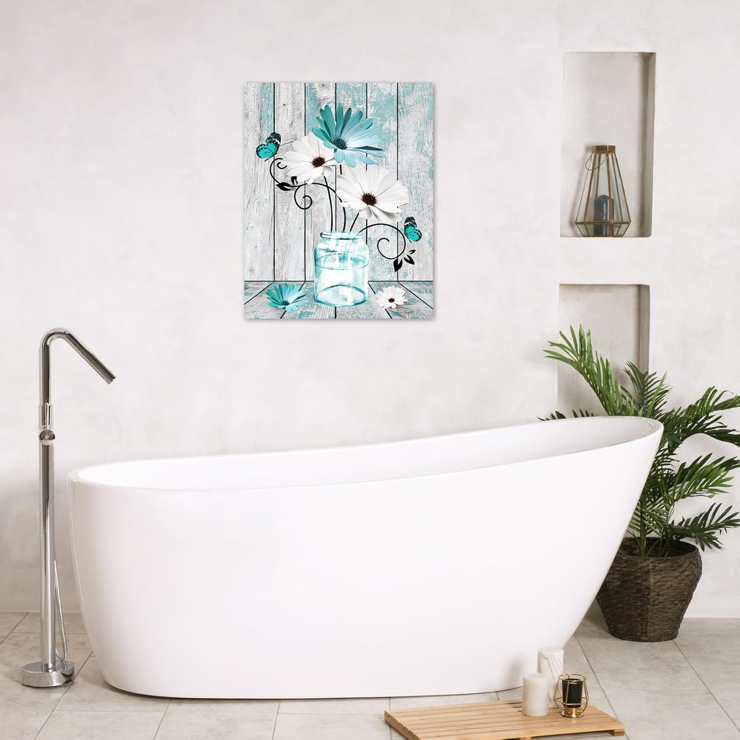 MEUNEAR Teal Blue and White Flower Wall Art for Living Room Daisy in Vase and Butterfly on Rustic Wood Paintings Wall Decor Floral Plant Canvas Wall Art for Bedroom Bathroom Decor,24L X 16W inches