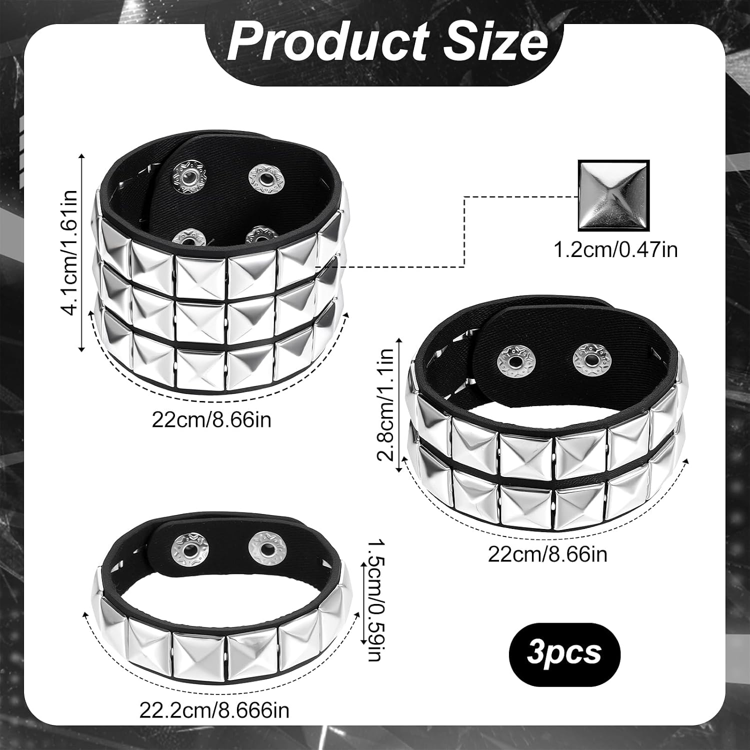 3PCS Studded Bracelet, Leather Bracelet For Men Women, Studded Arm Band, Goth bracelets, Emo Accessories Rock Concert Outfits for Women Men, Unisex Halloween Accessories