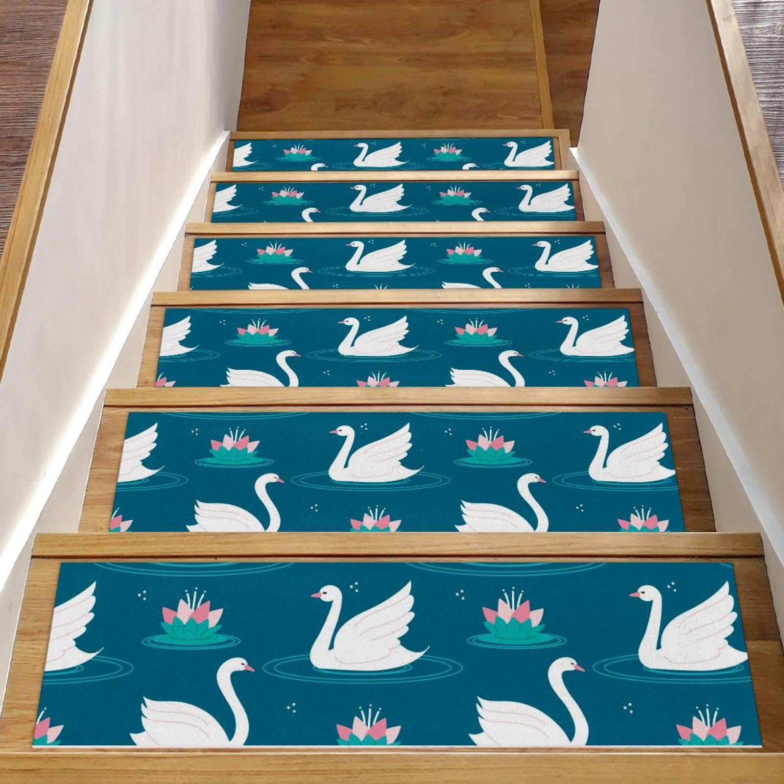 Alfombras de escaleras antideslizantes con diseño de loto y cisne para interiores