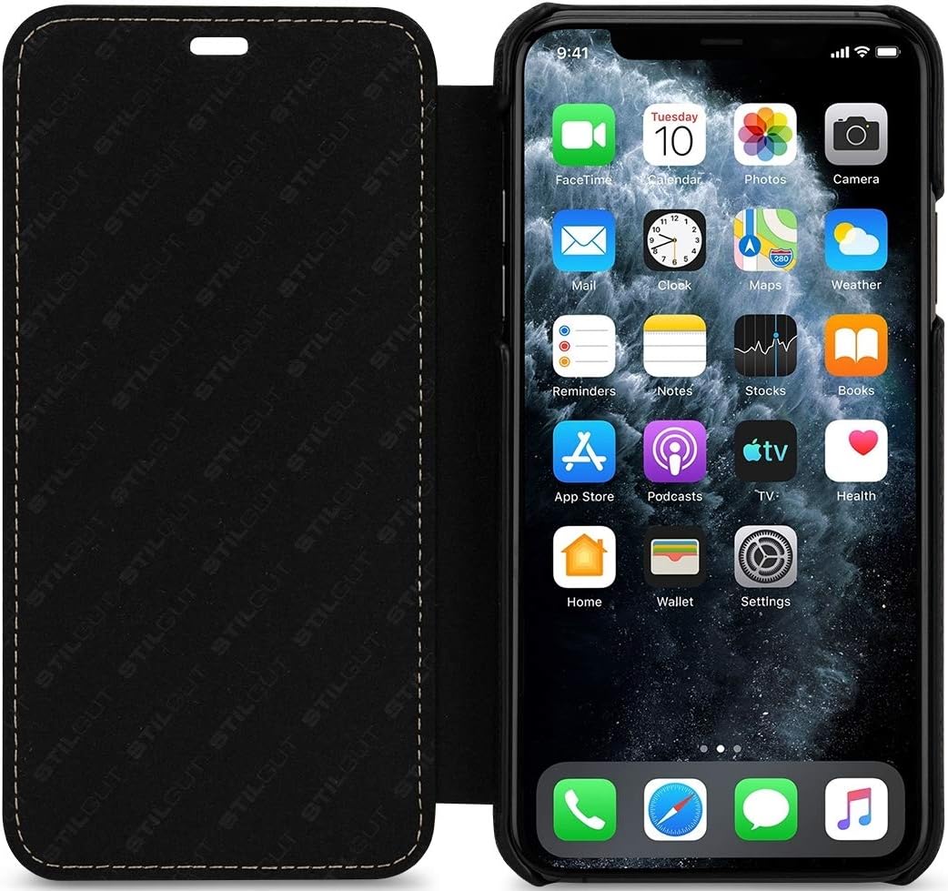 StilGut Book Type Flip Case for iPhone 11 Pro Max (6.5"), Genuine Leather iPhone 11 Pro Max Case, Black