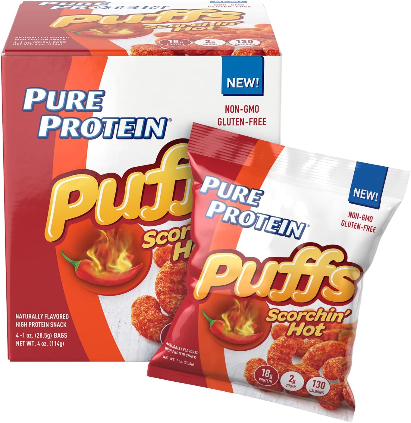 Pure Protein Puffs, Scorchin’ Hot, High Protein Snack, 18G Protein, 1.05 oz, 4 Count (Packaging may vary)