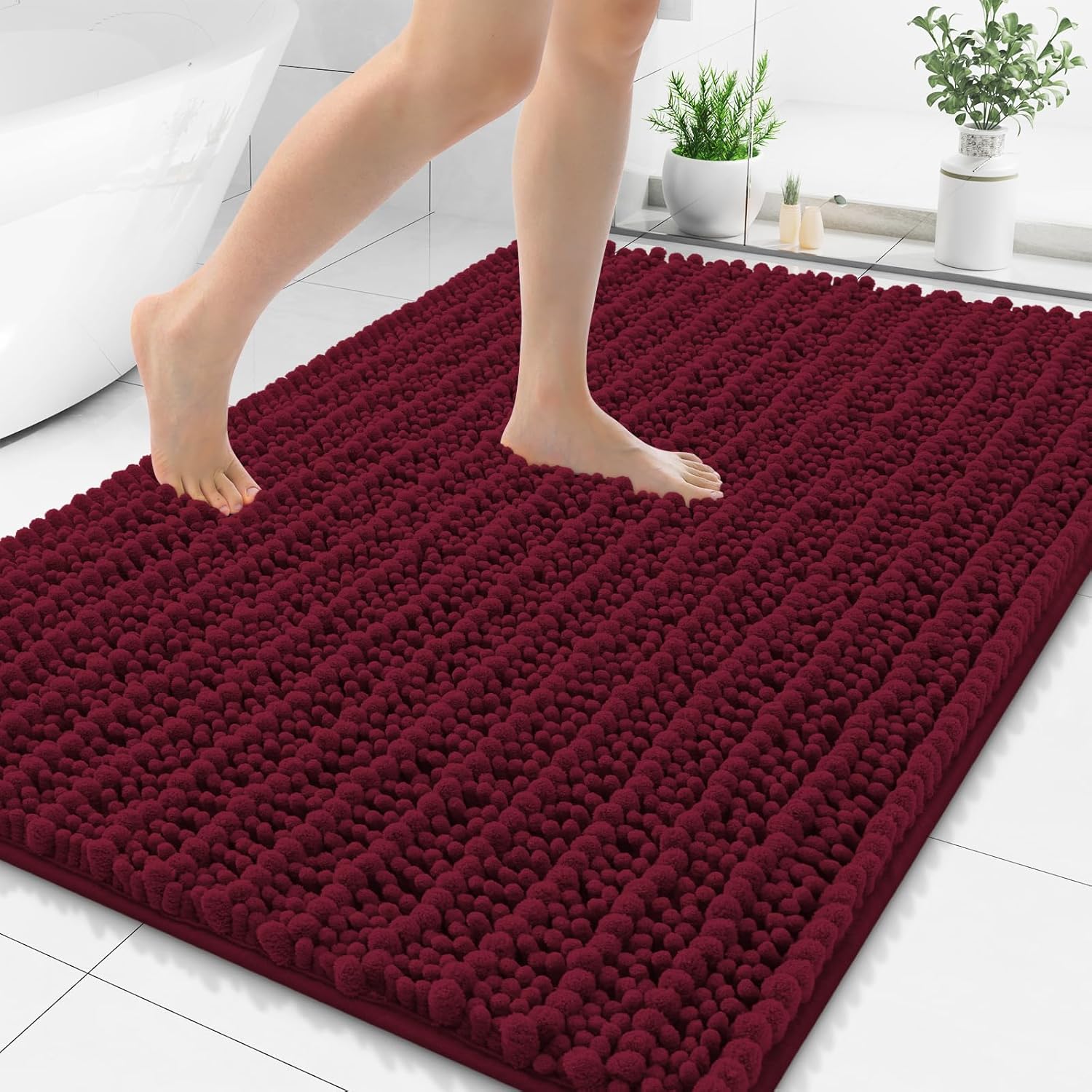 Smiry Bathroom Rugs Mat 48x32, Extra Soft Absorbent Chenille Bath Rugs, Non Slip Rubber Backing Machine Washable Quick Dry Bath Mats for Bathroom Floor, Tub, Shower, Home Decor Accessories, Burgundy