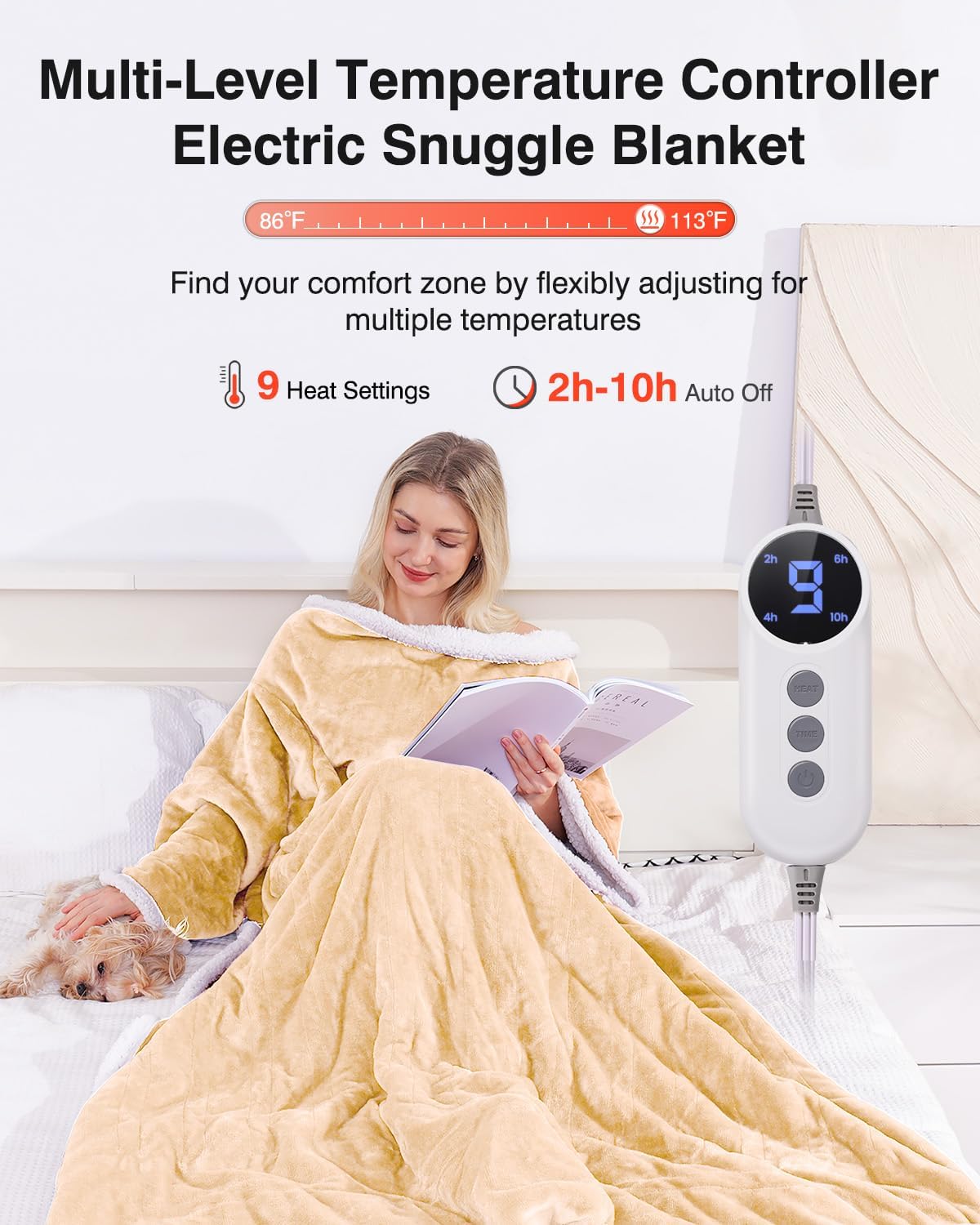 Wearable Heated Blanket with Sleeves, Electric Heated Robe with Foot Pockets, 9 Heating Levels & 2-10 Hours Timer, 50"x70" (Light Yellow)