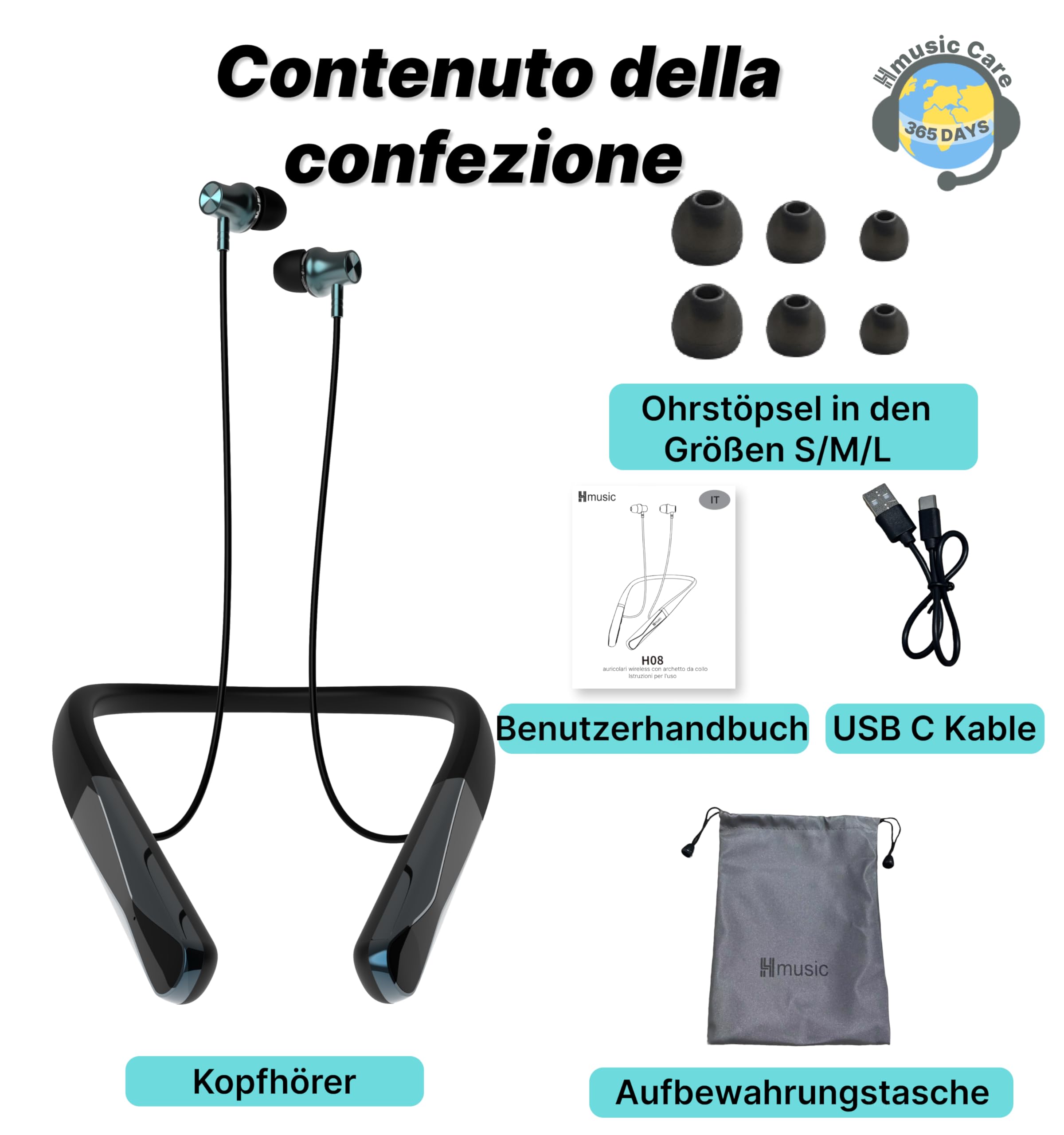 Hmusic H08 Cuffie con Archetto da Collo, Monitoraggio vocale in tempo reale | Impermeabile IPX5, 35 Ore di Autonomia, Auricolari magnetici Bluetooth 6.0, Microfono Al ENC, Display digitale a LED