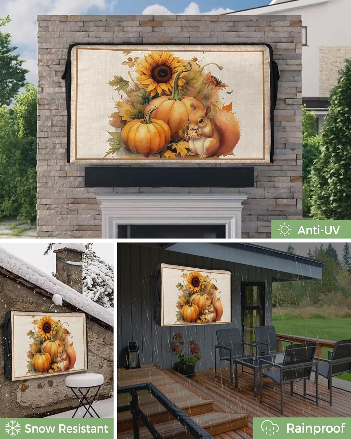 Outdoor TV Cover - Thanksgiving Vintage Pumpkin Squirrel Sunflower Maple Leaves Waterproof and Weatherproof 60"-65" LCD Movable Shield TV Display Screen Protector Outside Television Covers