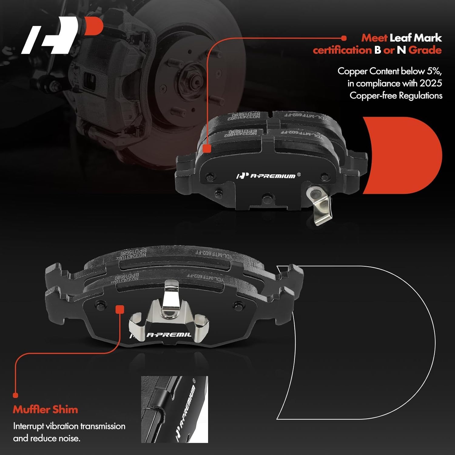 A-Premium Front and Rear Ceramic Brake Pads Set Compatible with Fiat 500 2012-2019, 8-Pack