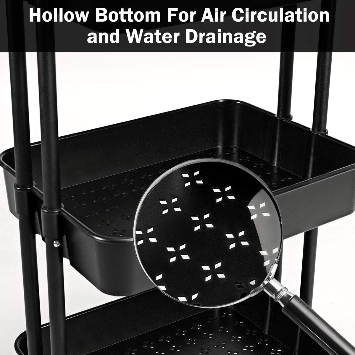 3-Tier Rolling Utility Cart, Metal Snack Cart with ABS Mesh Baskets & Top Handle, Rolling Cart with Lockable Casters, Multifunctional Storage Cart for Bedroom Kitchen Living Room (Black)