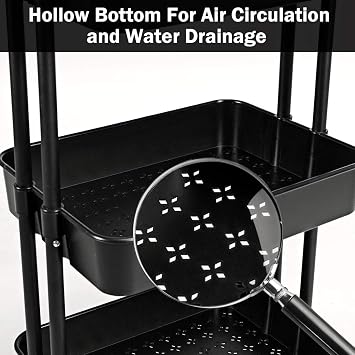 Giantex 3-Tier Utility Cart, Storage Rolling Cart with Casters, Multifunctional Organizer Cart with Top Handle, ABS Mesh Baskets, Storage Trolley with Brakes for Home and Office 16.5x14x34(Black)